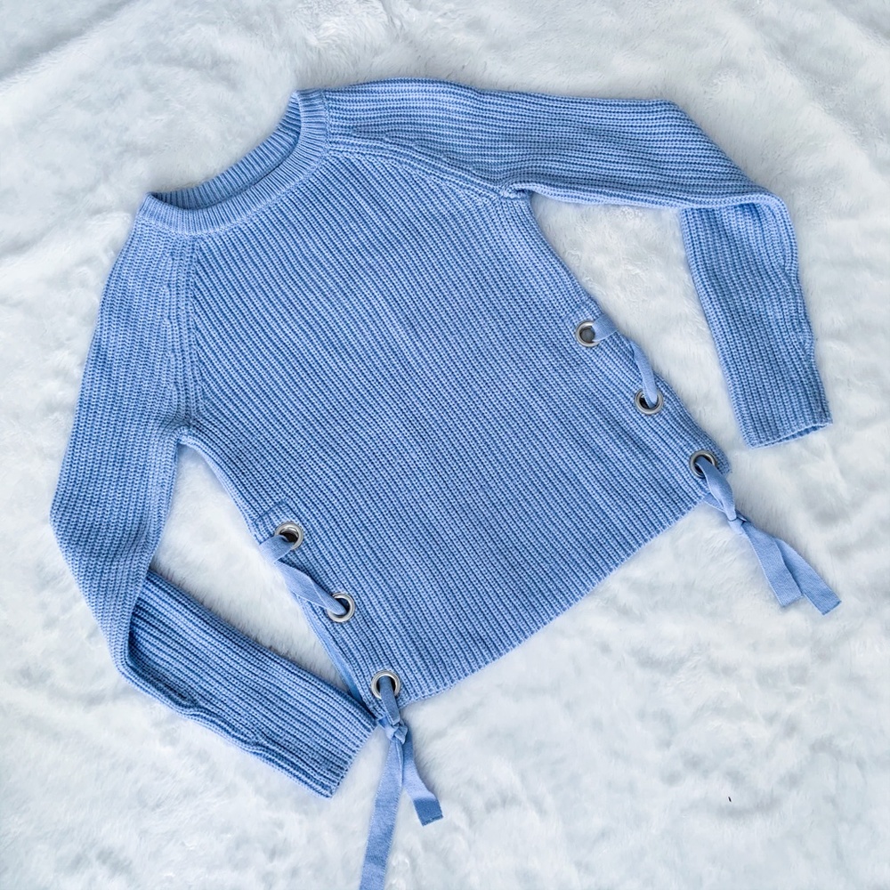 Bar III Sweater Light Blue Lace Up Side S Heavy Weight Knit Long Sleeve